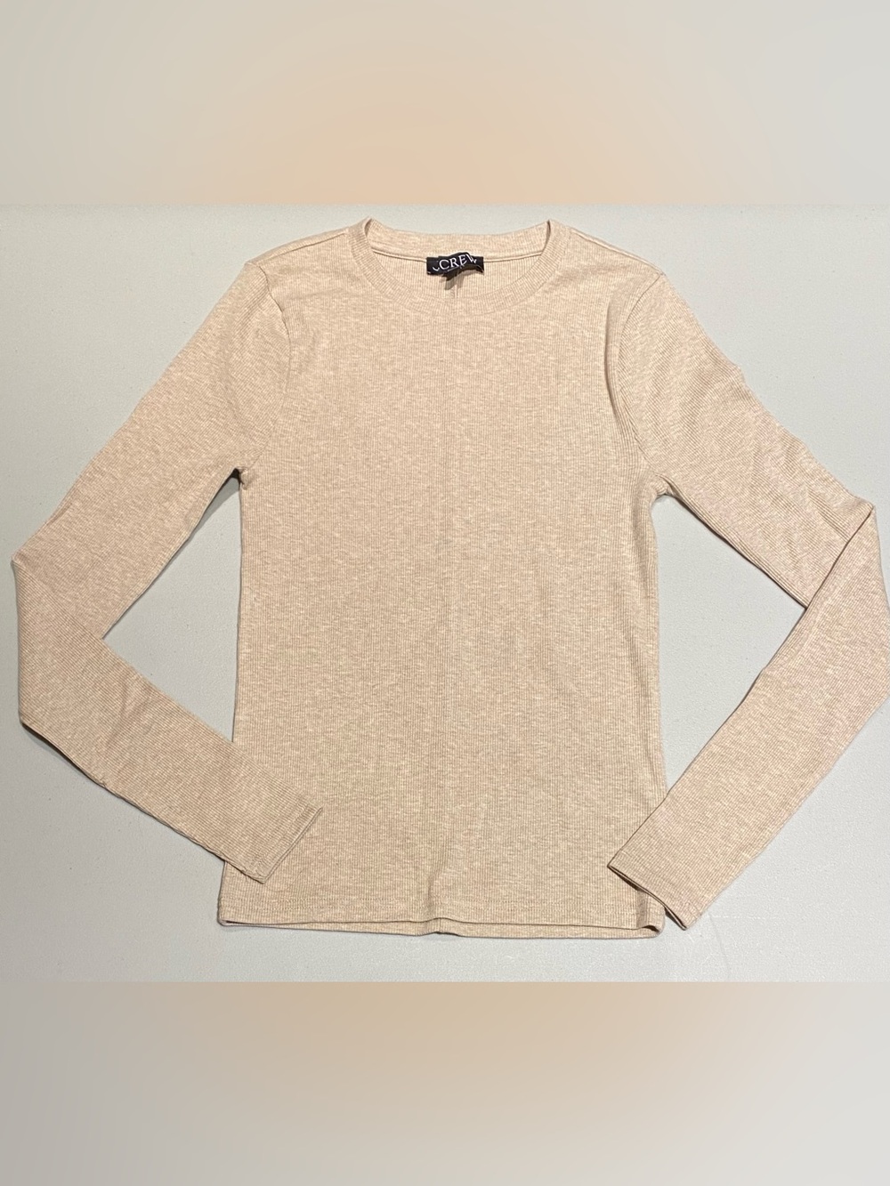 J. Crew Heather Oatmeal Long Sleeve Crew Neck Top Back Seam, Size S